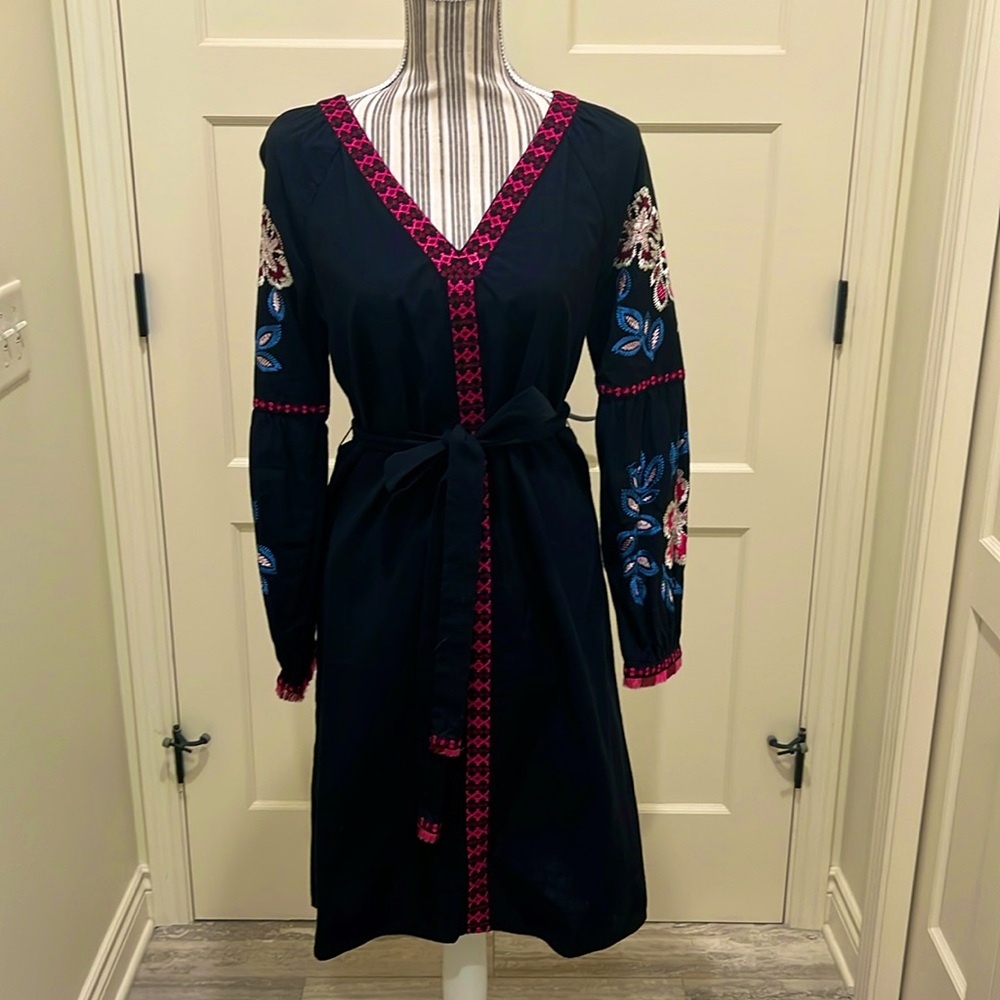 Tory Burch Black Dress with Pink Trim and Blue Floral Embroidery